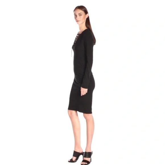 Pam & Gela Lace up Ruched Black Dress Long Sleeves - Picture 3 of 15